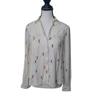 Cabincore Ski Print Button-Front Blouse Maeve | Whimsical Winter Top | Size 0